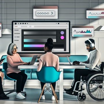 A modern, inclusive digital workspace where a diverse team evaluates a website’s accessibility and usability on multiple screens. In the center, a large, sleek computer monitor displays a clean, modern website layout with clear sections, buttons, and images, surrounded by subtle UI elements like sliders, forms, and navigation menus. Around the main screen, several smaller floating panels show key evaluation aspects: a color contrast checker with contrasting color swatches, a keyboard icon with arrow keys highlighting keyboard navigation, a screen reader waveform or audio icon, a checklist with WCAG-like checkmarks, and simple metrics/analytics graphs. In the foreground, three to four people of different ages, genders, and ethnicities collaborate: one using a laptop with a keyboard focus outline on the screen, another using a tablet with zoomed-in content, another wearing small over-ear headphones representing screen reader usage, and one person in a wheelchair participating equally at the table. Their body language shows focused, thoughtful collaboration, not stress. The environment is a bright, modern office with a large desk, plants, and minimal decor, symbolizing clarity and professionalism. The overall mood is analytical yet optimistic and empowering, emphasizing improving websites for everyone. Use a semi-isometric or slightly elevated wide shot to capture screens, people, and floating UI panels in one cohesive composition. Art style: clean, polished, high-end digital illustration with mild isometric/flat design influences; crisp lines, subtle gradients, no text. Color palette: cool and professional with blues, teals, and soft neutrals, accented by a few warm highlights (oranges/yellows) for key UI elements and icons. Lighting: soft, bright, and even, with gentle glow around the main monitor and floating panels to draw focus, conveying clarity, modern technology, and accessibility-first design.