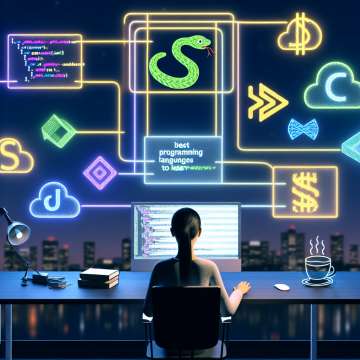 A modern, inspiring digital illustration symbolizing “best programming languages to learn,” centered on a young, gender-neutral learner at a sleek desk, surrounded by multiple floating holographic screens representing different programming languages (Python, JavaScript, HTML/CSS, Java, C#, SQL, Swift, Go, Kotlin, TypeScript, Ruby, C++). Each language is visually hinted at using abstract icons and color motifs (e.g., green serpentine shapes for Python, yellow/blue brackets and browser windows for JavaScript and HTML/CSS, coffee steam swirl for Java, blue geometric shapes for C#, database cylinder for SQL, minimalist apple-like silhouette for Swift, gopher-inspired abstract shape for Go, Android-like outline for Kotlin, typed braces for TypeScript, ruby gemstone for Ruby, metallic gears and brackets for C++), but no readable text or logos. The learner sits in a cozy, modern workspace with a large ultrawide monitor and laptop open, code lines glowing softly on screens, posture engaged and curious, one hand slightly lifted as if interacting with a holographic interface. The environment blends a real desk (notebook, pen, coffee cup, small plant) with a futuristic overlay: neon lines, semi-transparent panels, and floating UI elements forming a subtle circular arc around the learner, suggesting a roadmap or learning path through different languages. In the background, a stylized city skyline at dusk through a window, symbolizing future career opportunities and the tech world beyond. The city lights form soft bokeh, with a few faint, circuit-like patterns integrated into the sky. Above and behind the learner, a faint, semi-transparent path of connected nodes and icons curves from beginner-friendly languages near the foreground to more advanced, specialized ones in the distance, visually indicating progression and choice rather than a single route. Tone and mood: motivational, optimistic, approachable, with a balance between playful and professional. Emphasis on curiosity, possibilities, and accessibility for beginners. Art style: high-quality digital illustration, semi-realistic with clean lines and smooth gradients, slight futuristic UI aesthetic, similar to modern tech product hero images and educational platforms. Avoid any corporate branding. Composition: three-quarter view of the learner from slightly behind and to the side, so their face is partly visible in profile, illuminated by screen glow. The floating language panels form a gentle semicircle around them, some closer in the foreground for depth, some fading into the background. Clear focal point on the learner and central holographic screens, with the surrounding elements supporting the narrative without clutter. Color palette and lighting: rich, vibrant colors with a cool-to-warm gradient. Cool blues and teals from screens and holograms contrasted with warm oranges and purples from the sunset outside and desk lamp glow. Soft, cinematic lighting with subtle rim light around the learner’s silhouette, gentle reflections on the desk, and light particle effects around floating UI elements to suggest energy and discovery. No text anywhere in the image.