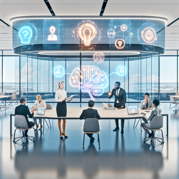 A modern, diverse workplace seamlessly integrating AI into everyday collaboration: a bright, open-plan office with a large central table where a mixed group of professionals (different ages, genders, and ethnicities) are working together with friendly, transparent AI interfaces. On the table and in the air above it, semi-transparent holographic data visualizations, AI assistants, and workflow diagrams hover in an organized, non-chaotic way, symbolizing ethical, well-structured AI integration rather than sci-fi robots taking over. In the foreground, a female team lead is presenting to colleagues using a sleek AR-style display that shows an AI suggestion panel next to human-written notes, visually emphasizing “human + AI partnership.” A colleague beside her is reviewing AI-generated insights on a laptop while thoughtfully annotating them with a stylus on a tablet, showing human oversight and accountability. Another worker is adjusting settings on a calm, minimalist AI dashboard labeled with icons for privacy, security, and fairness (no readable text, just clear symbols), symbolizing governance and responsible use. In the background, glass meeting rooms show small groups engaged in training and discussion, with a large digital screen on one wall displaying abstract icons of brain + circuit, handshake, and shield, representing learning, collaboration, and data protection. A subtle noticeboard area shows people collaborating on sticky-note style workflow diagrams, illustrating change management and employee involvement. There are no humanoid robots; instead AI is represented as glowing interfaces, charts, icons, and ambient light patterns integrated into existing tools. Tone: optimistic, professional, and inspiring, focused on empowerment, trust, and ethical use of technology rather than fear or dystopia. Art style: high-end digital illustration, semi-photorealistic with a clean, tech-forward aesthetic, similar to contemporary tech-company hero images. Composition: wide-angle view capturing the main collaborative table in the center, with background meeting rooms and subtle office details framing the scene; eye-level perspective to feel immersive and relatable. Color palette and lighting: bright, natural daylight streaming through large windows, balanced with soft, cool tech tones (blues, teals, and whites) accented by warm skin tones and light wood furniture; gentle glows around AI elements in cyan and soft purple to emphasize digital intelligence; overall clean, uncluttered feel with clear focal points and harmonious composition.