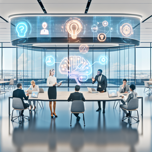 Best Practices for Integrating AI in the Modern Workplace 1 A modern, diverse workplace seamlessly integrating AI into everyday collaboration: a bright, open-plan office with a large central table where a mixed group of professionals (different ages, genders, and ethnicities) are working together with friendly, transparent AI interfaces. On the table and in the air above it, semi-transparent holographic data visualizations, AI assistants, and workflow diagrams hover in an organized, non-chaotic way, symbolizing ethical, well-structured AI integration rather than sci-fi robots taking over. In the foreground, a female team lead is presenting to colleagues using a sleek AR-style display that shows an AI suggestion panel next to human-written notes, visually emphasizing “human + AI partnership.” A colleague beside her is reviewing AI-generated insights on a laptop while thoughtfully annotating them with a stylus on a tablet, showing human oversight and accountability. Another worker is adjusting settings on a calm, minimalist AI dashboard labeled with icons for privacy, security, and fairness (no readable text, just clear symbols), symbolizing governance and responsible use. In the background, glass meeting rooms show small groups engaged in training and discussion, with a large digital screen on one wall displaying abstract icons of brain + circuit, handshake, and shield, representing learning, collaboration, and data protection. A subtle noticeboard area shows people collaborating on sticky-note style workflow diagrams, illustrating change management and employee involvement. There are no humanoid robots; instead AI is represented as glowing interfaces, charts, icons, and ambient light patterns integrated into existing tools. Tone: optimistic, professional, and inspiring, focused on empowerment, trust, and ethical use of technology rather than fear or dystopia. Art style: high-end digital illustration, semi-photorealistic with a clean, tech-forward aesthetic, similar to contemporary tech-company hero images. Composition: wide-angle view capturing the main collaborative table in the center, with background meeting rooms and subtle office details framing the scene; eye-level perspective to feel immersive and relatable. Color palette and lighting: bright, natural daylight streaming through large windows, balanced with soft, cool tech tones (blues, teals, and whites) accented by warm skin tones and light wood furniture; gentle glows around AI elements in cyan and soft purple to emphasize digital intelligence; overall clean, uncluttered feel with clear focal points and harmonious composition.