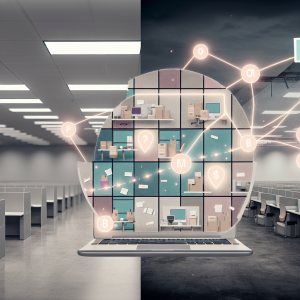 A modern, inspiring digital illustration that visualizes how remote hiring saves money and boosts business efficiency for a global company. Show a split but harmonious scene: On the left, depict a traditional corporate office floor from a slightly elevated, wide-angle perspective: rows of gray cubicles, fluorescent lighting, a large “FOR LEASE” sign visible through a window on an empty floor, unused desks and chairs, stacks of paper, and subtle icons of high overhead costs (e.g., a faint ghosted bar chart showing rising expenses in the background). The mood on this side is slightly dull and cluttered, with muted grays and beiges, symbolizing inefficiency and high operational costs. On the right, transition seamlessly into a remote-first, globally distributed work environment: diverse professionals working from different cozy, modern home offices and coworking spaces that appear in overlapping “floating windows” or panels, as if part of a fluid digital network. Show a variety of people of different ages, genders, ethnicities, and locations: someone at a laptop near a window with greenery, another in a minimalist apartment, one at a standing desk, one on a terrace with a city skyline, one in a small town environment. Connect them visually with subtle glowing lines or nodes, representing efficient collaboration across time zones. In the middle, where the two worlds meet, show a central laptop or large transparent screen displaying a simplified dashboard: a clean, abstract interface with icons for cost savings, productivity charts trending upward, and global hiring locations. Use recognizable but non-branded symbols: upward arrows, checkmarks, and small globe icons. The screen acts as a visual bridge, showing the transformation from traditional hiring to remote hiring. Emphasize efficiency and savings through visual metaphors on the right side: a lean, tidy desk, a plant thriving by natural light, a compact laptop setup with wireless peripherals, and clean digital charts hovering subtly in the air (no text, just arrows and shapes). Suggest reduced overhead by showing office lights turning off or fading out on the left, while soft natural light illuminates the right. Artistic style: clean, modern digital illustration with semi-flat, slightly isometric elements and subtle gradients. The look is professional and tech-forward, suitable for a business blog, but warm and human-centered rather than coldly corporate. Composition: wide, horizontal layout with a clear left-to-right narrative—from old, expensive, centralized office culture to flexible, efficient remote hiring. Use a gentle diagonal or curved transition between the two halves so they blend visually rather than being sharply divided. Color palette: left side with cooler grays, desaturated blues, and pale fluorescents; right side with warmer, vibrant, but still professional tones—soft teals, sky blues, fresh greens, and warm sunlight ambers. Lighting should move from artificial, flat lighting on the left to bright, natural, uplifting lighting on the right, reinforcing the sense of improvement and opportunity. Overall mood: optimistic, efficient, future-ready, and business-focused. The image should clearly communicate that remote hiring reduces costs and increases productivity through global talent, flexibility, and smart use of technology, without any text or logos in the image.