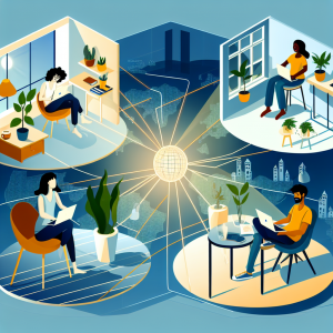 A bright, inspiring, modern digital illustration showing the benefits of hiring remote workers: a diverse group of professionals collaborating seamlessly from different remote environments around the world, all connected to a central, glowing “business hub” dashboard in the middle of the scene. In the foreground, show 4–5 remote workers of different ages, genders, and ethnicities, each in their own distinct setting: - One person in a cozy home office with plants, a dog sleeping nearby, and sunlight streaming through a window. - One person working from a small café with a laptop, coffee cup, and soft warm lighting. - One person on a balcony with a laptop and headphones, a beautiful cityscape in the distance. - One person at a minimalist desk with a sit-stand setup, ergonomic chair, and a tidy workspace. - Optional: one person in a rural cabin-type setting near a window showing nature. Each worker is smiling or clearly focused, relaxed but productive, with good posture and organized workspaces. Subtle cues of happiness and work-life balance: a family photo, a running shoe by the desk, a yoga mat in the corner. At the center of the image, floating above or between them, a large translucent digital “hub” interface: charts trending upward, project boards, small profile icons, and video call windows, all subtly glowing. Avoid readable text; use abstract icons and graphs to imply productivity, performance metrics, and collaboration. Transparent, clean UI panels connect to each worker with thin glowing lines, symbolizing a distributed but unified team. In the background, suggest a faint world map or abstract globe formed from soft lines and nodes, gently glowing, emphasizing global reach and remote talent. The lines converge toward the central hub, hinting at improved business margins and efficiency through remote work. Tone: uplifting, professional, optimistic, future-ready; conveys productivity, employee happiness, and strong business performance. Artistic style: high-quality, modern digital illustration with slight isometric or semi-flat design influences; clean and polished like a tech product hero image; not cartoonish, but friendly and accessible rather than hyper-photorealistic. Composition: wide shot, slightly elevated perspective. The remote workers are arranged in a loose circle or arc around the central hub interface, each in their own “panel” or vignette that smoothly blends into the overall scene, creating a sense of unity without clutter. Color palette and lighting: bright, vibrant, and warm. Dominant colors: soft blues and teals for technology and calm, paired with warm oranges and yellows for happiness and energy. Gentle gradients, soft glows around the central hub and connection lines, overall well-lit with natural light and no harsh shadows. No text, no logos. Focus on clear visual storytelling: remote work, happy and productive employees, and a data-driven, thriving business connected globally.