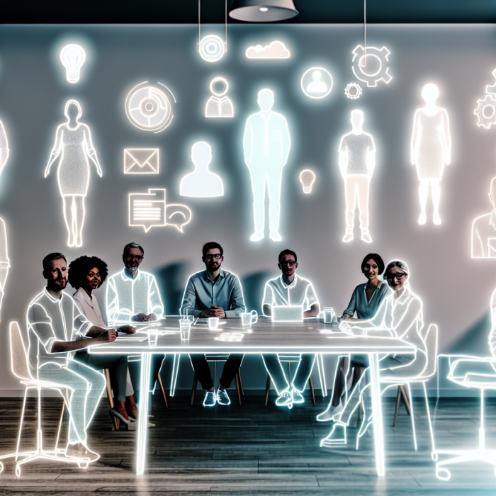 A modern open-plan office blended seamlessly with a remote work environment, symbolizing “invisible” but powerful remote talent. In the foreground, a diverse group of professionals sits around a sleek conference table in a bright corporate office: different ages, genders, and ethnicities, wearing smart-casual attire, engaged in a video meeting on a large digital screen. However, instead of showing ordinary faces on the screen, the remote workers appear as semi-transparent silhouettes made of glowing lines and soft light, subtly fading into the background, yet clearly emanating skill and energy. Surrounding each remote silhouette are faint holographic icons and symbols representing their hidden strengths: charts, code snippets, UX wireframes, lightbulb ideas, messages, and checklists, floating gently around them, suggesting capability, productivity, and contribution. Some of the silhouettes are slightly out of frame or partially cropped, hinting at overlooked or under-recognized talent. The in-office workers look focused and intent, some leaning forward, one taking notes, clearly trying to connect and collaborate with their remote counterparts. The background subtly blends two worlds: on one side, the physical office with large windows, city skyline, plants, and warm wooden textures; on the other side, faint overlays of different remote home workspaces—soft, ghostlike impressions of a kitchen table, a small apartment desk, a co-working nook—layered behind the glowing silhouettes, symbolizing the variety of remote environments. The overall tone is thoughtful, progressive, and slightly introspective, emphasizing both the risk of employees becoming invisible and the opportunity to intentionally see and support them. Cinematic digital art style, semi-photorealistic with a slight futuristic UI feel. Clean, modern composition with the conference table and screen forming a subtle leading line into the center. Warm, natural light from office windows mixed with cool, digital glow from the screen and holographic elements, creating a balanced warm-cool contrast. Color palette: soft neutrals and warm wood tones for the office, contrasted with cool blues, teals, and purples for the digital silhouettes and UI overlays. Soft depth of field to keep focus on the interaction between in-office workers and glowing remote figures. No text, no logos, no exaggerated sci-fi elements—grounded, contemporary, and visually clear.